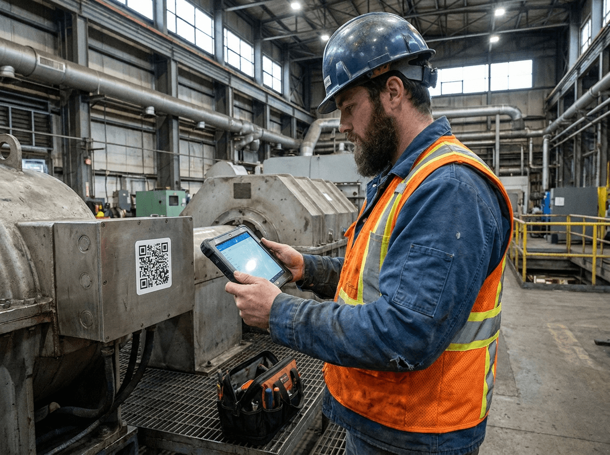 Field technician scanning QR code on industrial equipment